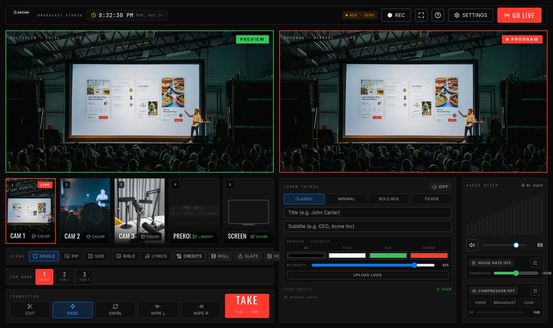 The ASCEND broadcast console — dual monitors, camera bank, transitions and audio mixer
